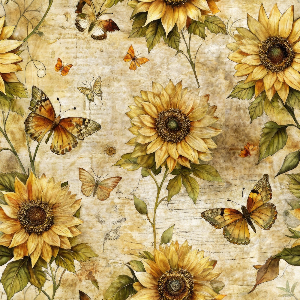 Sunflowers and various butterflies on a textured background create a vintage botanical pattern.