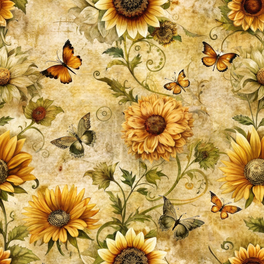 Sunflowers and butterflies on a textured yellow background, with swirling green vines adding a decorative touch.