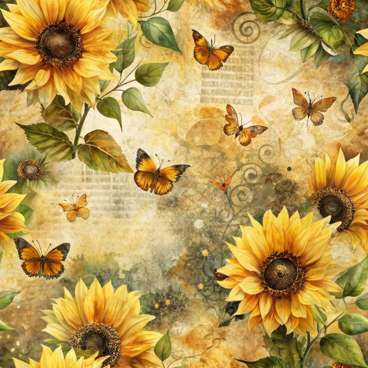 Sunflowers and butterflies on a textured background with swirls and leaves, creating a warm, natural scene.