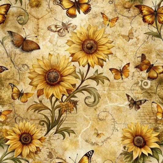 Sunflowers and orange butterflies on a vintage-style background with decorative swirls.