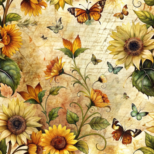 Illustration of sunflowers, leaves, and butterflies on a vintage textured background.