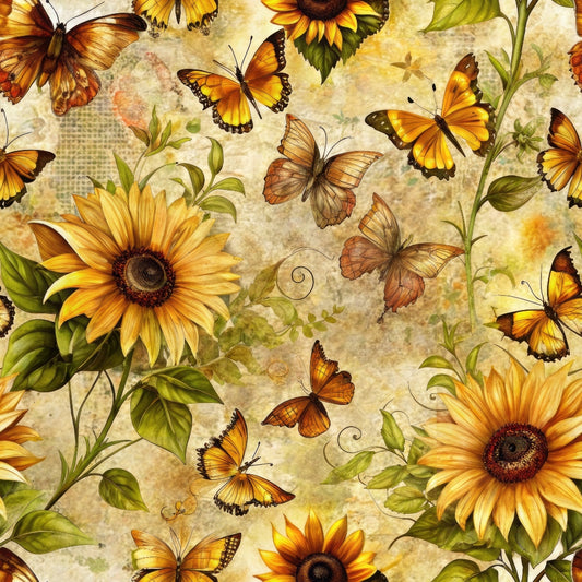 Sunflowers and butterflies on a textured background with hues of yellow and brown. The image has a vintage and decorative appearance.