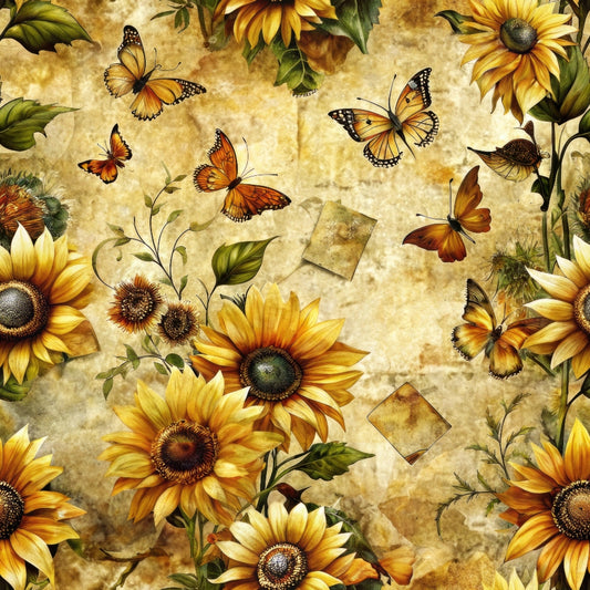 Sunflowers with green leaves and orange butterflies on a textured, vintage-looking background with diamond patterns.