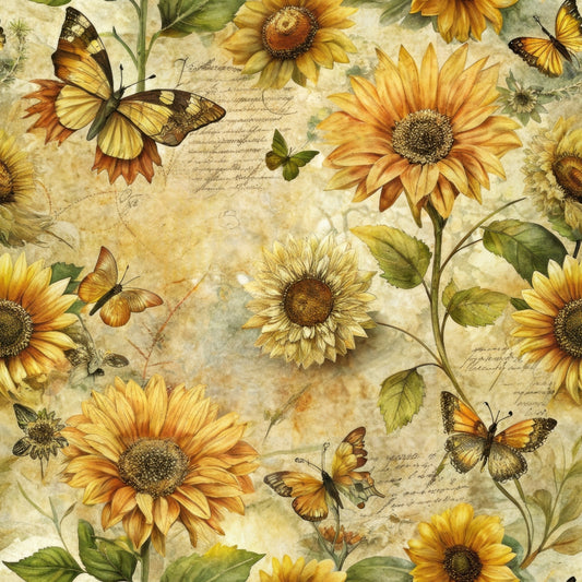 Illustrated pattern of sunflowers and butterflies with a vintage floral background.