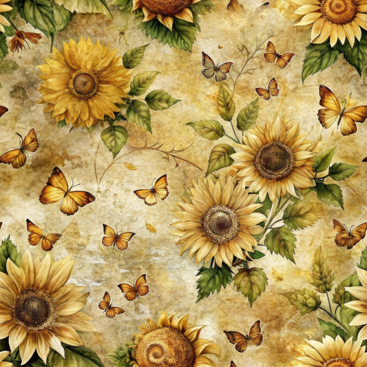 Sunflowers and butterflies on a textured golden background, with leaves interspersed throughout.