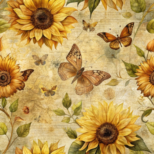 Illustration of sunflowers and butterflies on a textured background, featuring vibrant yellow flowers and various butterflies fluttering among green leaves.