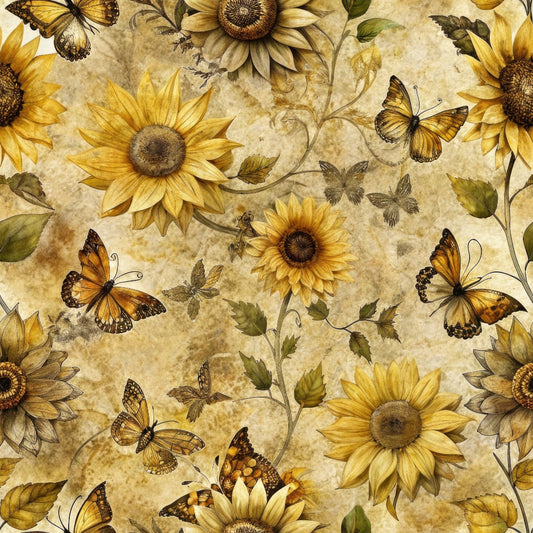 Sunflowers and butterflies on a beige background with a vintage floral pattern.