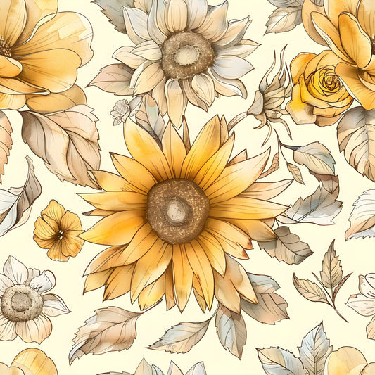 Vintage Autumn Sunflowers Pattern 1 Quilting Cotton Fabric