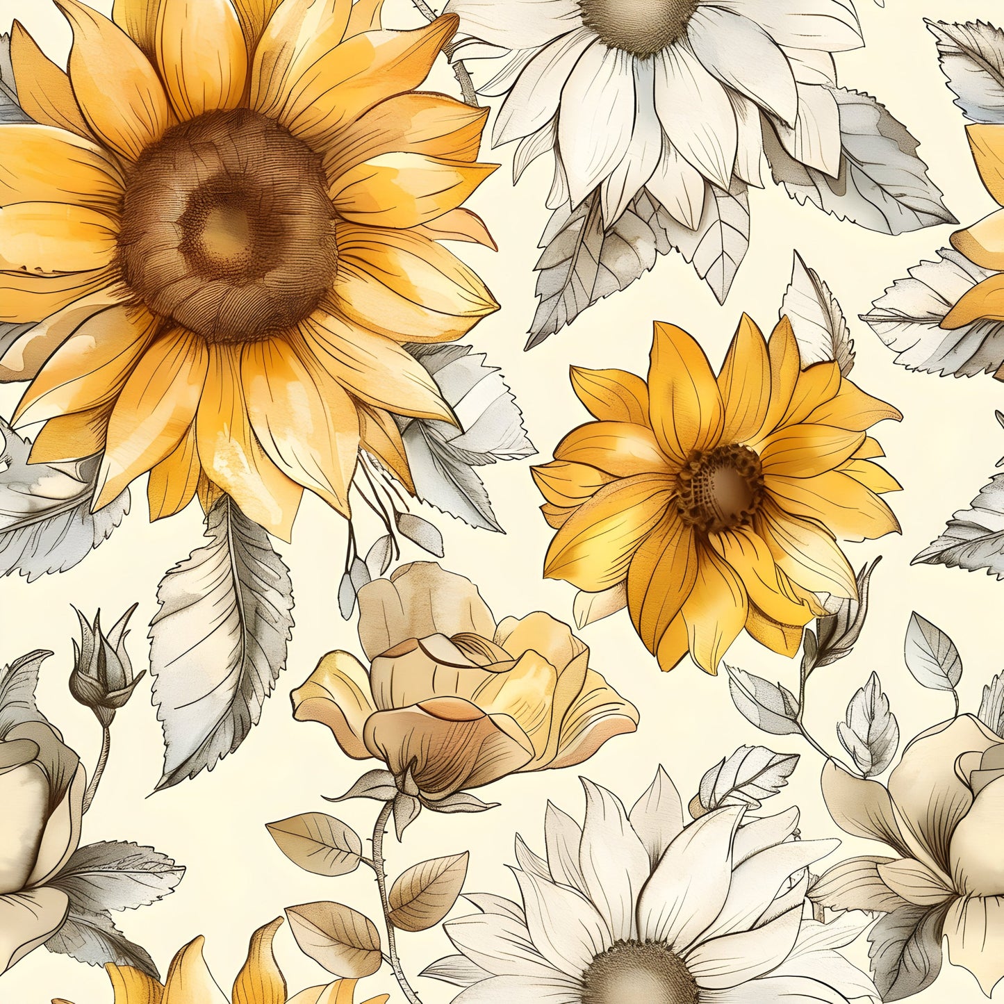 Vintage Autumn Sunflowers Pattern 17 Quilting Cotton Fabric
