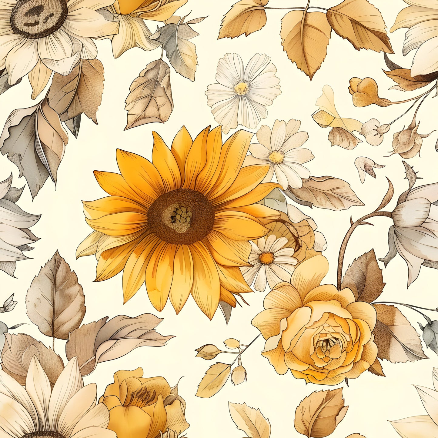 Vintage Autumn Sunflowers Pattern 18 Quilting Cotton Fabric
