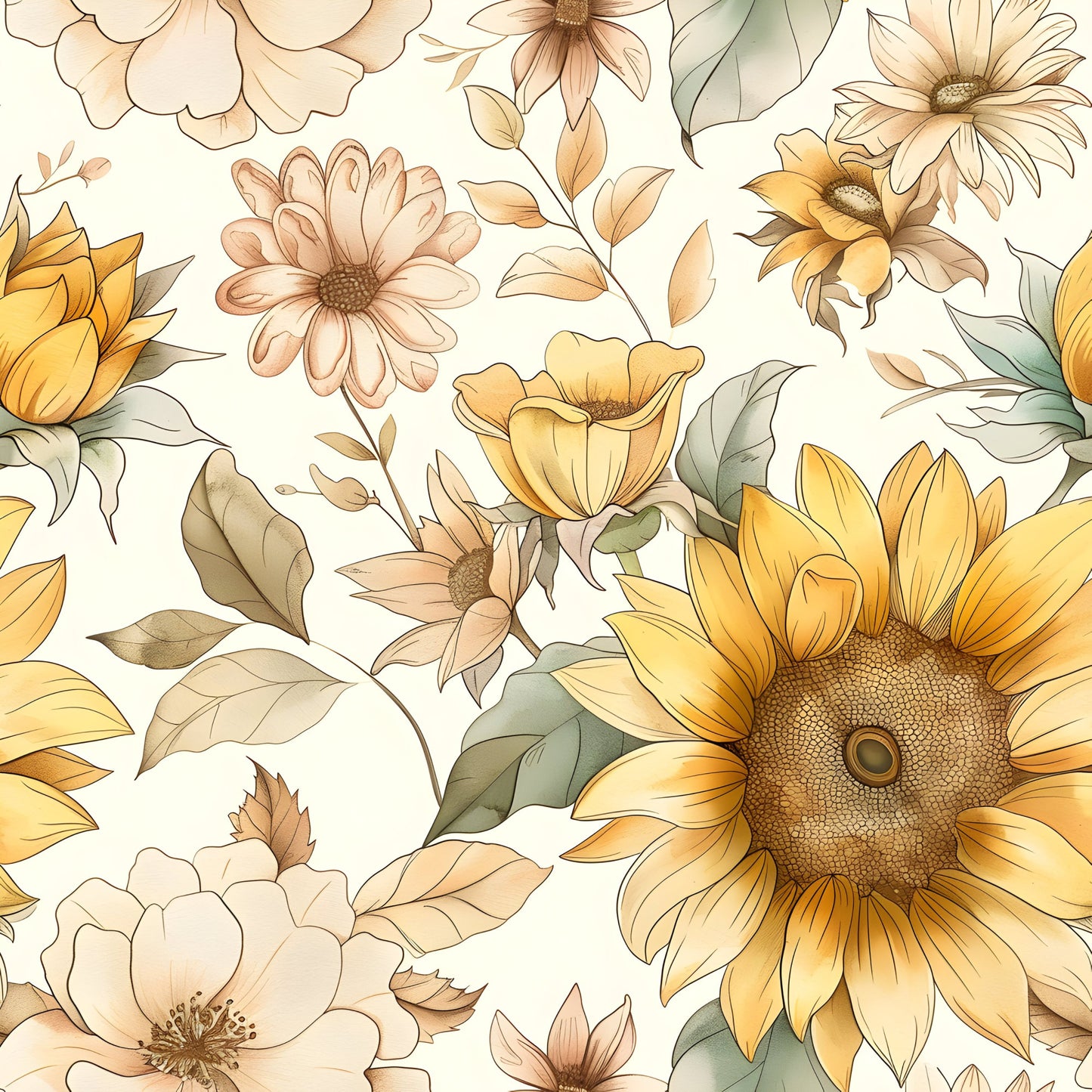 Vintage Autumn Sunflowers Pattern 20 Quilting Cotton Fabric