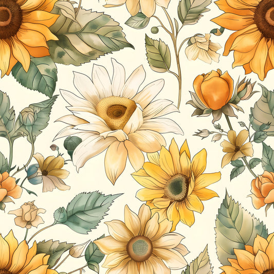 Vintage Autumn Sunflowers Pattern 5 Quilting Cotton Fabric
