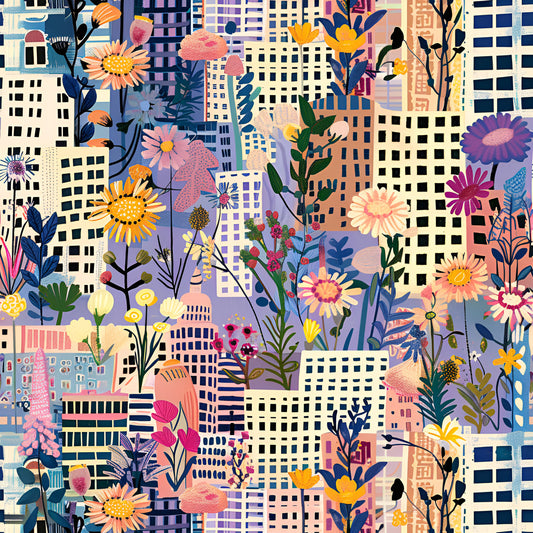 Vintage Cityscape Wildflowers Pattern 1 Quilting Cotton Fabric