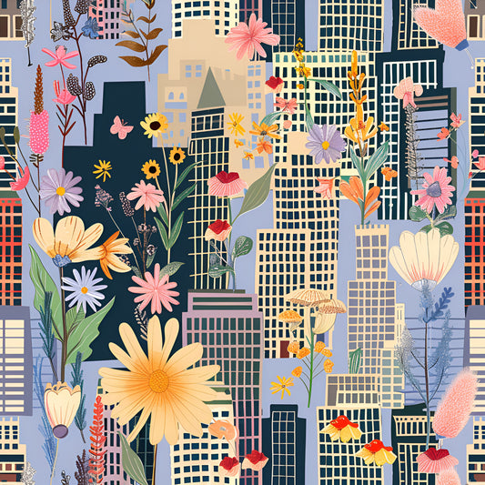 Vintage Cityscape Wildflowers Pattern 10 Quilting Cotton Fabric