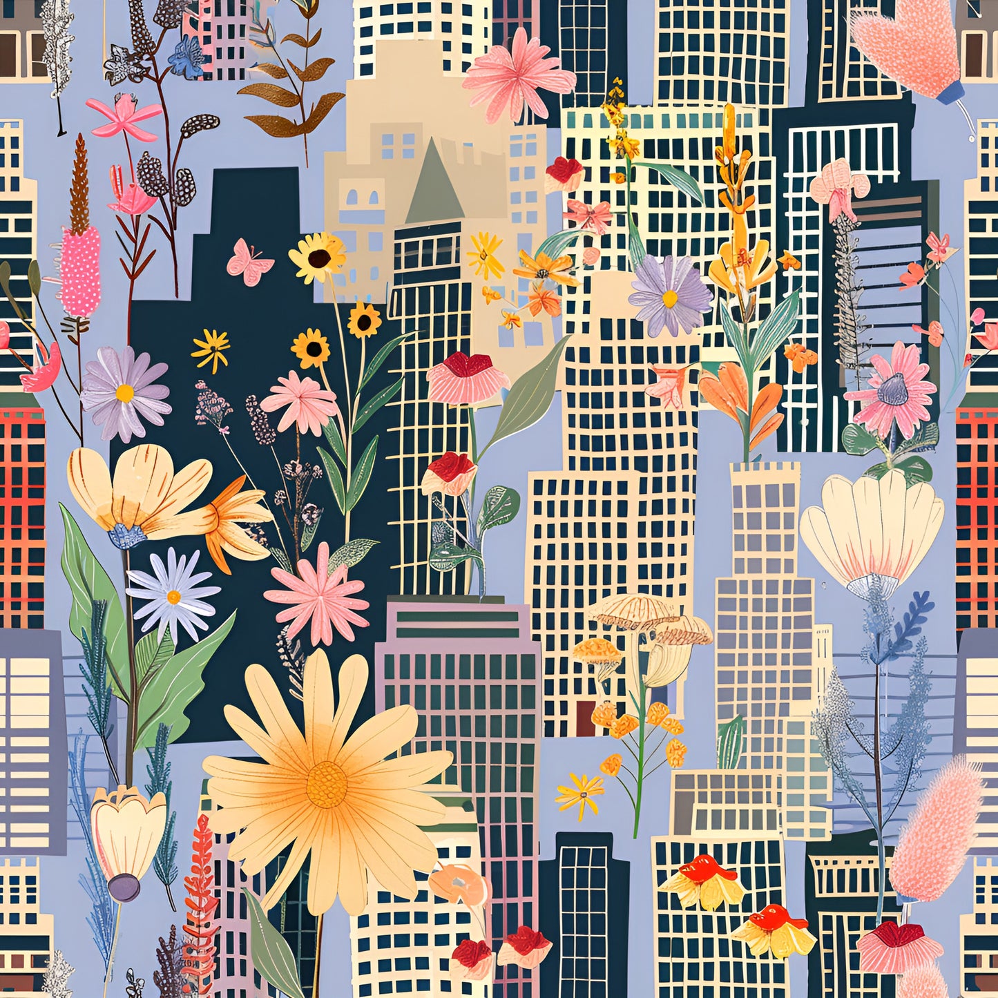 Vintage Cityscape Wildflowers Pattern 10 Quilting Cotton Fabric