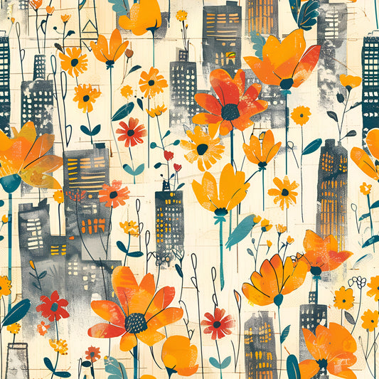 Vintage Cityscape Wildflowers Pattern 11 Quilting Cotton Fabric