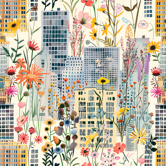 Vintage Cityscape Wildflowers Pattern 12 Quilting Cotton Fabric