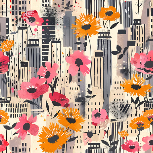 Vintage Cityscape Wildflowers Pattern 3 Quilting Cotton Fabric