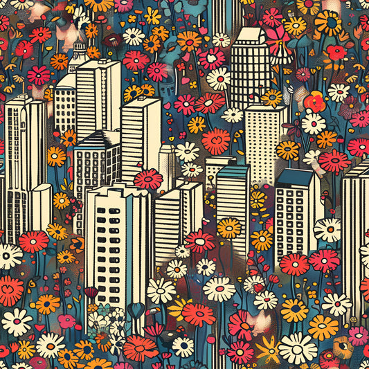 Vintage Cityscape Wildflowers Pattern 5 Quilting Cotton Fabric