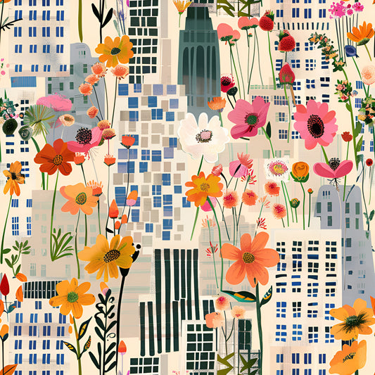 Vintage Cityscape Wildflowers Pattern 6 Quilting Cotton Fabric