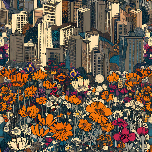 Vintage Cityscape Wildflowers Pattern 7 Quilting Cotton Fabric