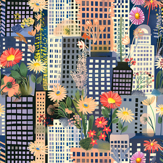 Vintage Cityscape Wildflowers Pattern 8 Quilting Cotton Fabric
