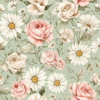 Vintage Green Floral Pattern 1 Quilting Cotton Fabric