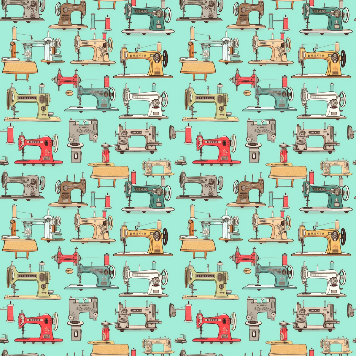 Pattern of vintage sewing machines and spools of thread in various colors on a light blue background.