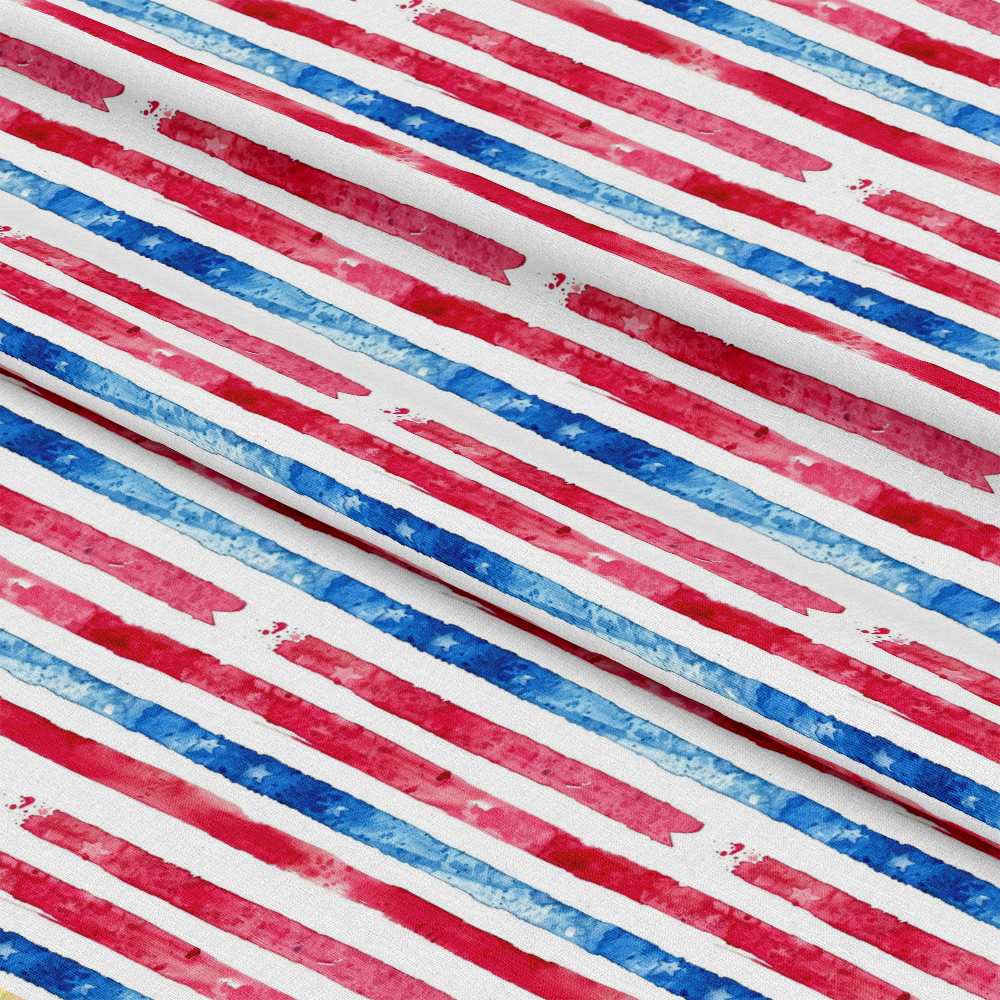 - Watercolor 4th of July Pattern 18 Quilting Cotton Fabric  
- Red stripes  
- Blue stripes  
- White background  
- Cotton textile  
- Quilting material  
- Americana design  
- Patriotic fabric  
- Painted stripe motif  
- Craft fabric