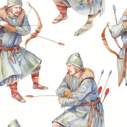 Illustration of medieval archers in blue attire and fur-lined cloaks, each holding a bow and arrow, depicted in various poses against a white background.