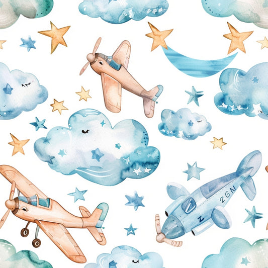 Pattern of vintage airplanes, clouds, stars, and a crescent moon in pastel colors on a white background.