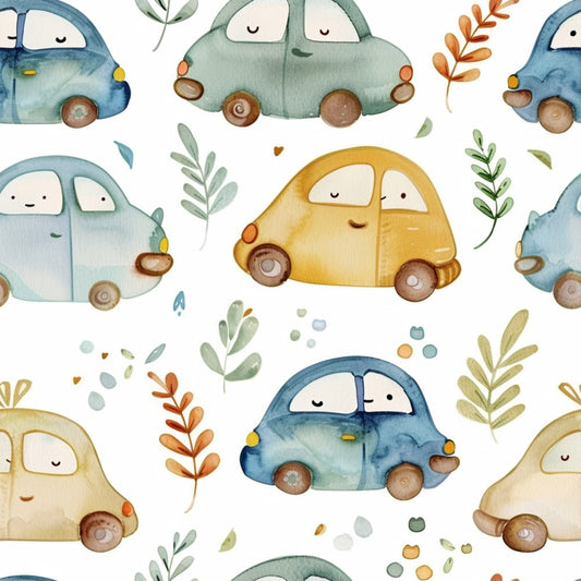 Illustration of smiling, colorful cartoon cars in blue, green, and yellow, surrounded by whimsical leaves and dots on a white background.