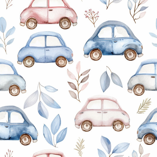Pattern of watercolor cars in pink and blue, interspersed with leaves and small flowers on a white background.
