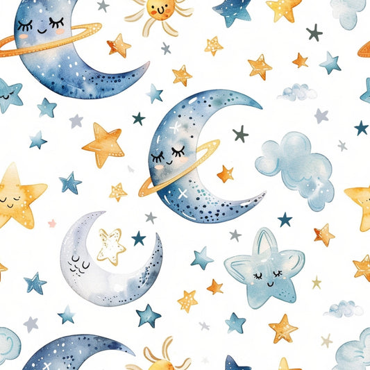 Illustration of smiling suns, moons with rings, stars, and clouds, in blue, yellow, and orange on a white background.