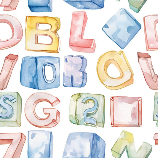 Colorful watercolor letters and numbers in various pastel shades arranged randomly on a white background.