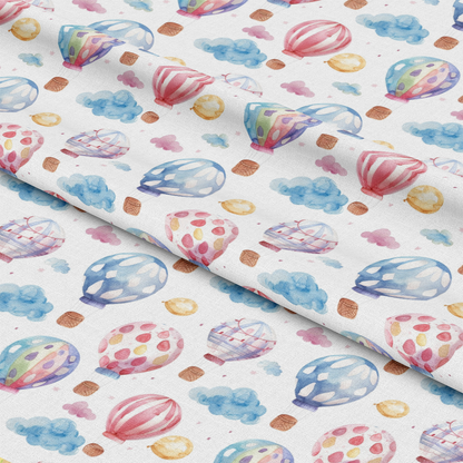 - Watercolor Baby Pattern 8 Quilting Cotton Fabric  
- pastel colors  
- hot air balloons  
- clouds  
- soft blue  
- pink hues  
- yellow accents  
- white background  
- whimsical design  
- child-friendly  
- lightweight cotton  
- sewing fabric  
- quilting material  
- dreamy motifs  
- playful elements