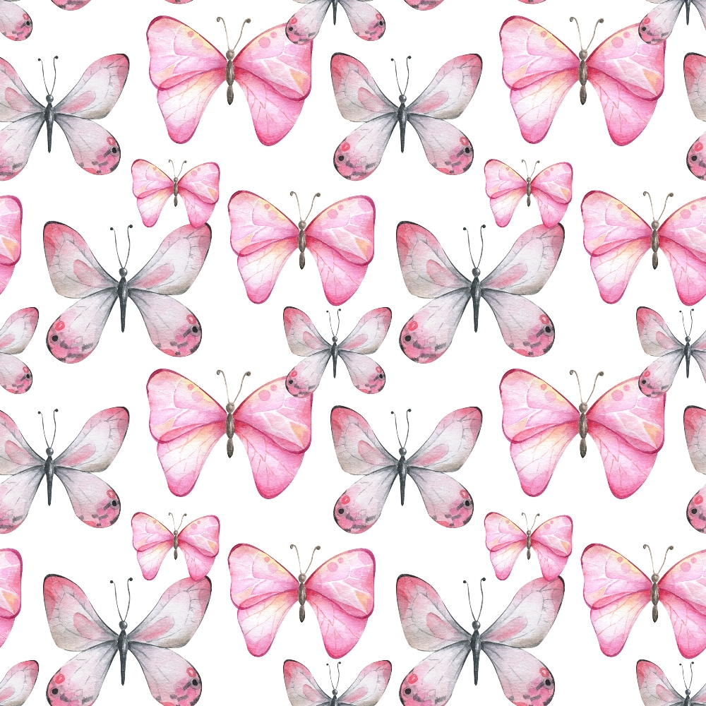 Pattern of pink and gray butterflies on a white background.
