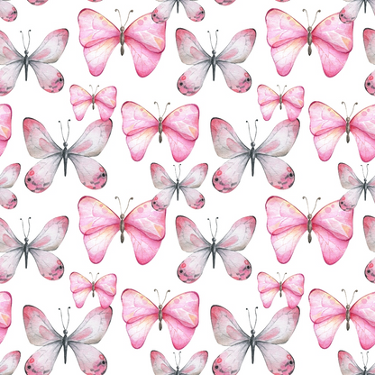 Pattern of pink and gray butterflies on a white background.