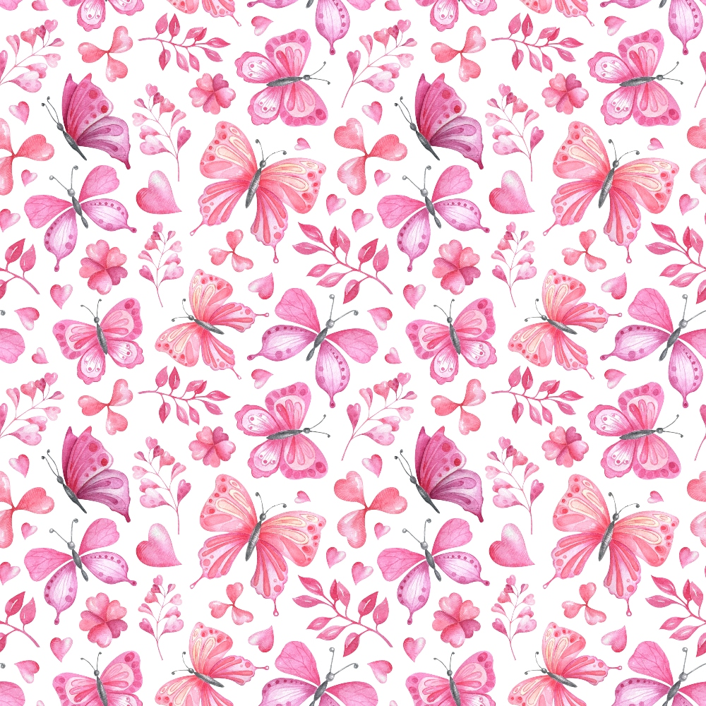 Pink and purple butterflies, flowers, and hearts pattern on a white background.