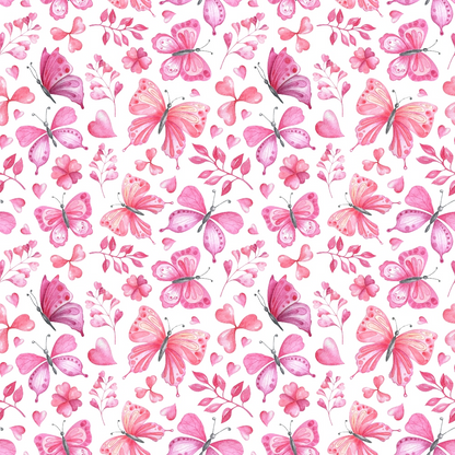 Pink and purple butterflies, flowers, and hearts pattern on a white background.