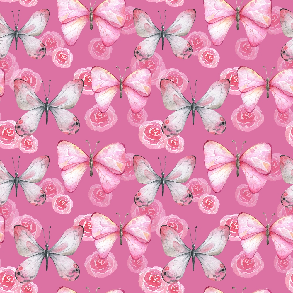 Pattern featuring pink and white butterflies interspersed with pink roses on a pink background.