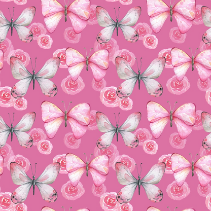 Pattern featuring pink and white butterflies interspersed with pink roses on a pink background.