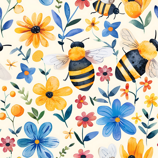 Watercolor Cute Bees and Flowers Pattern 1 Quilting Cotton Fabric