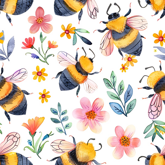 Watercolor Cute Bees and Flowers Pattern 10 Quilting Cotton Fabric