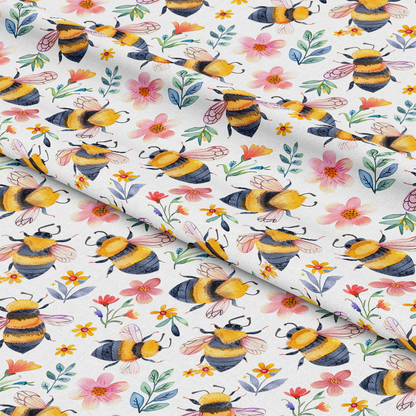 Watercolor Cute Bees and Flowers Pattern 10 Quilting Cotton Fabric