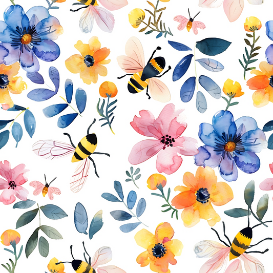 Watercolor Cute Bees and Flowers Pattern 11 Quilting Cotton Fabric