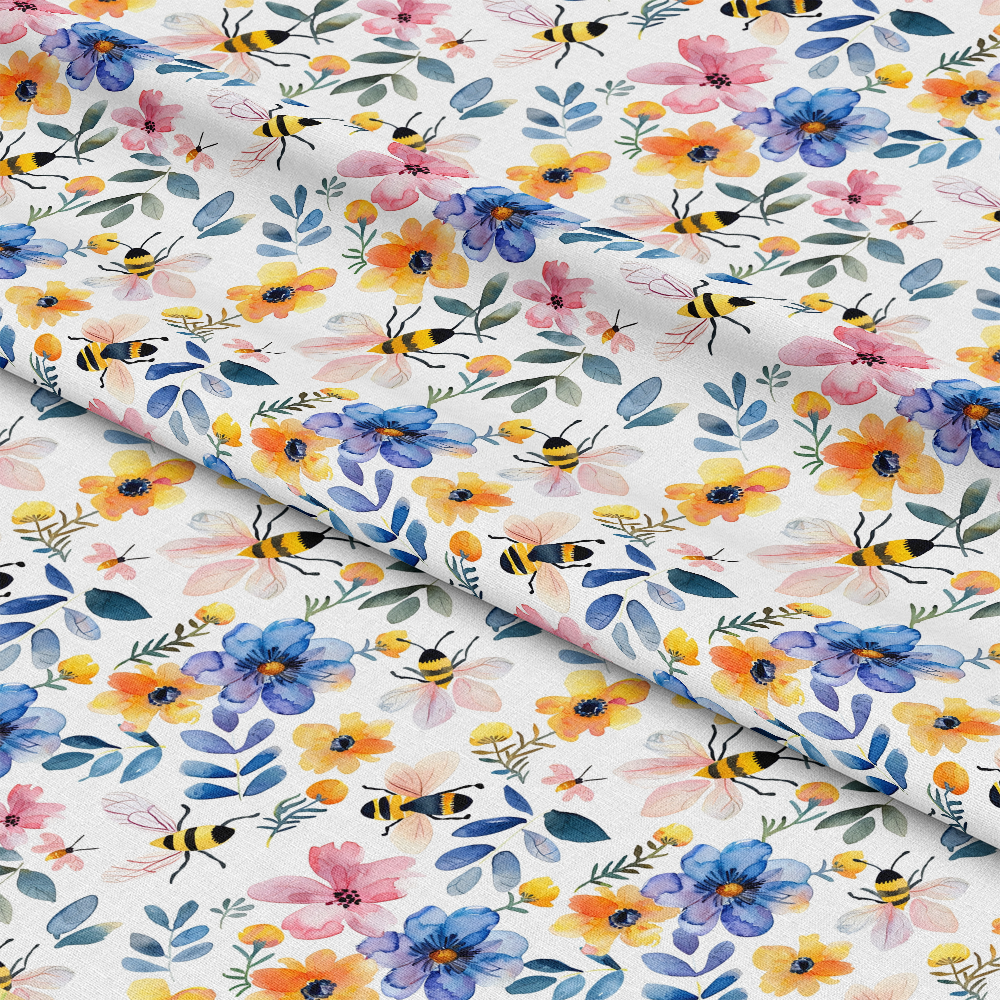 - Watercolor Cute Bees and Flowers Pattern 11 Quilting Cotton Fabric  
- Floral fabric  
- Bees design  
- Yellow, blue, pink flowers  
- Green leaves  
- Spring theme  
- Quilting cotton material  
- Soft texture  
- Artistic pattern  
- Nature inspired textile