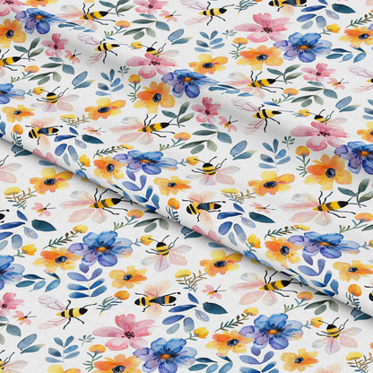 - Watercolor Cute Bees and Flowers Pattern 11 Quilting Cotton Fabric  
- Floral fabric  
- Bees design  
- Yellow, blue, pink flowers  
- Green leaves  
- Spring theme  
- Quilting cotton material  
- Soft texture  
- Artistic pattern  
- Nature inspired textile