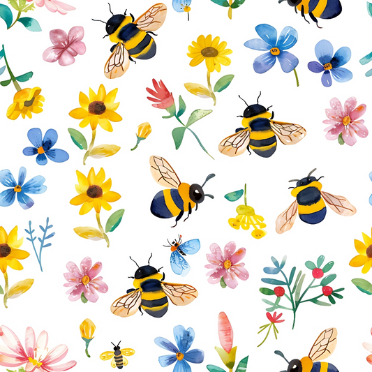 Watercolor Cute Bees and Flowers Pattern 12 Quilting Cotton Fabric