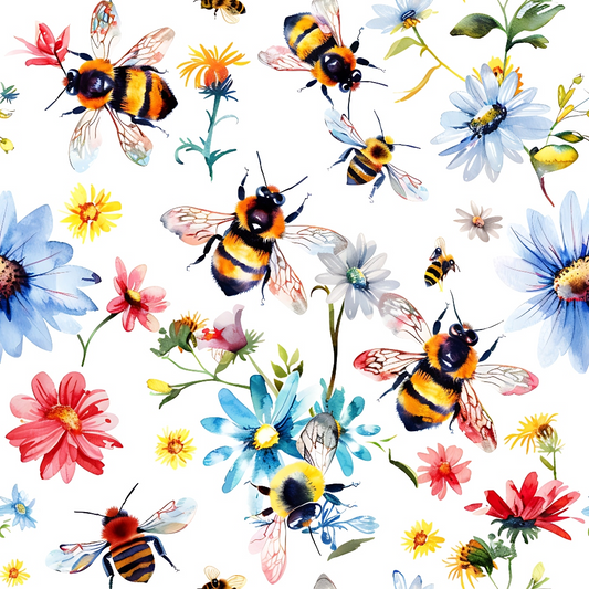 Watercolor Cute Bees and Flowers Pattern 13 Quilting Cotton Fabric